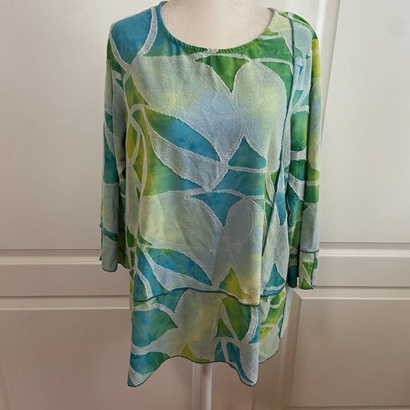 Ali Miles Three Quarter Sleeve Top Green Blue Size Petite Medium - Picture 1 of 11